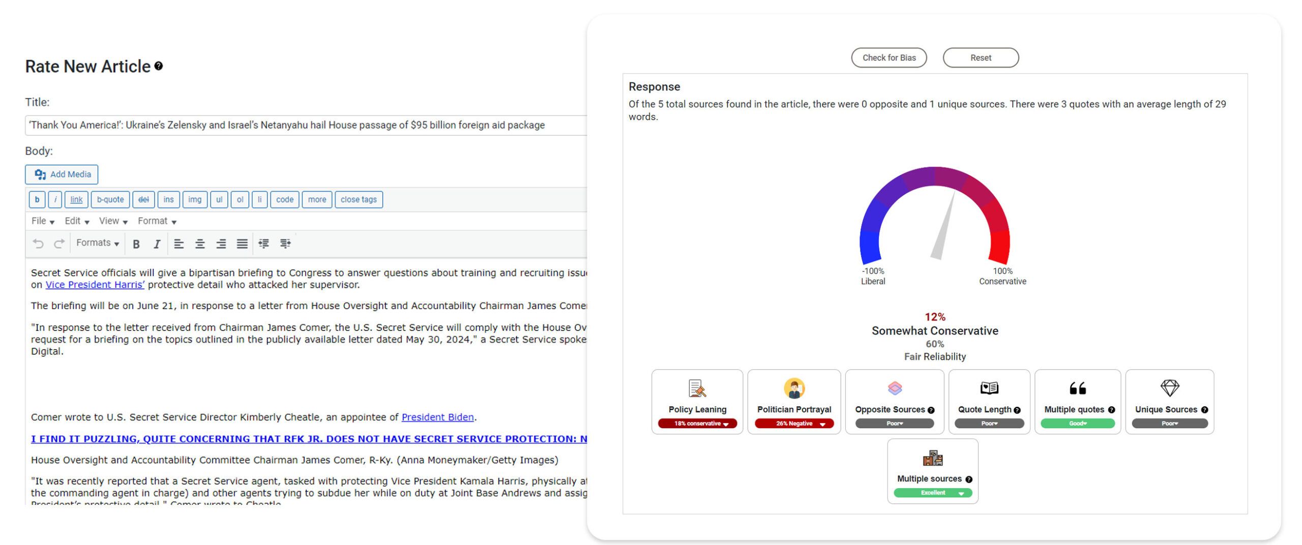 A digital interface displays a news article next to a response analysis. The article concerns statements by Rep. James Comer, while the response gauge shows a 12% "Somewhat Conservative" rating.