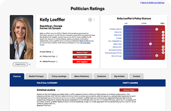 Screenshot of a politician ratings webpage for Kelly Loeffler, showing her photo, party affiliation, policy stances chart, and summarized ratings on political issues.