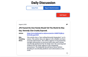 A webpage titled "Daily Discussion" displays a report about a Daily Mail article on JFK, questioning the article’s accuracy and potential misinformation.