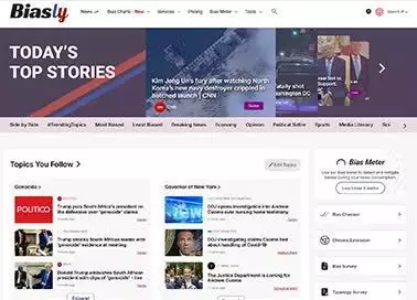 Screenshot of the Biasly news website homepage showing top stories, a list of topics, a Bias Meter tool, and navigation menus for news and topics.