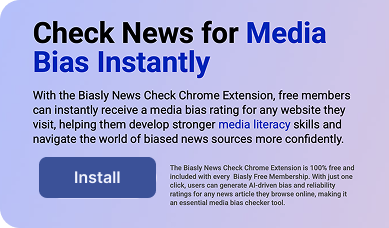 A promotional image for the Biasly News Check Chrome Extension, highlighting media bias ratings, media literacy, and an "Install" button.
