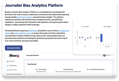 Screenshot of Biasly’s Journalist Bias Analytics Platform webpage, showing descriptive text, a chart visualizing bias data, and a navigation menu on the left.