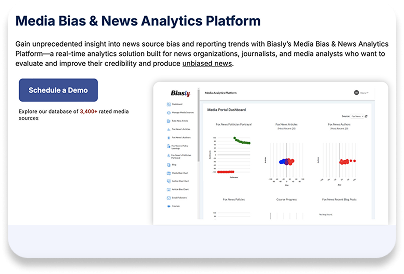 Screenshot of a website promoting a media bias and news analytics platform, featuring a demo button, description, and a chart displayed on a computer screen.