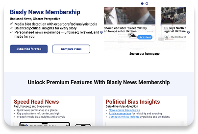 Screenshot of a website promoting BIASLY News Membership, featuring options to subscribe or compare plans and describing features like speed reading and political bias insights.