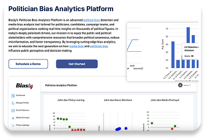 Screenshot of Biasly’s Politician Bias Analytics Platform webpage showing navigation links, demo and start buttons, a bar graph, and sample analysis charts with red and green indicators.