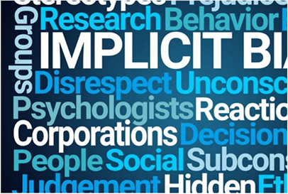 A word cloud featuring terms like "implicit bias," "research," "psychologists," "respect," "corporations," "decision," "judgement," and "subconscious" on a blue gradient background.