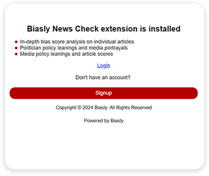 Screenshot of Biasly News Check extension installation page, offering in-depth bias score analysis, politician policy leanings, and media portrayals. Options to login or signup are provided.