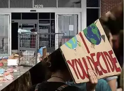 A split image showing litter and abandoned carts outside a building on one side, and a crowd holding a sign reading "YOU DECIDE" with earth illustrations on the other side.