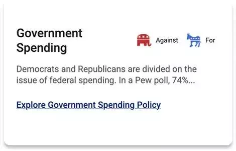 A card titled "Government Spending" shows icons for Republican and Democrat parties, noting their division on federal spending and referencing a Pew poll, with a link to government spending policy.
