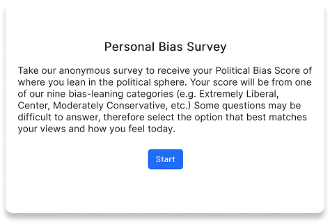A digital survey prompt titled "Personal Bias Survey" with instructions and a blue "Start" button at the bottom.