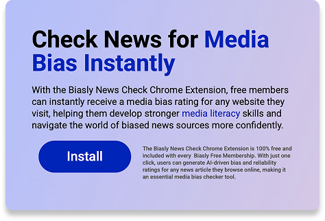 A promotional banner for the Biasly News Check Chrome Extension, offering instant media bias ratings and a blue "Install" button.