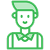 Green and white icon of a person with short hair, wearing a collared shirt, depicted in a simple, outlined style.