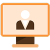 Simple icon of a computer monitor displaying a generic person in a suit, symbolizing a virtual meeting or online profile.