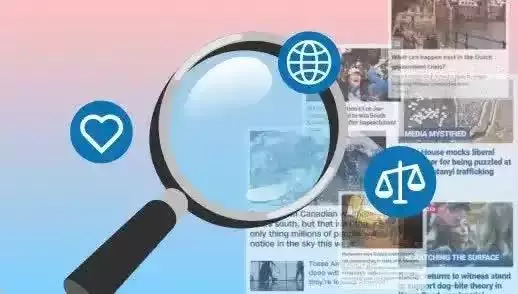 A magnifying glass overlays blurred online news articles, with icons of a globe, heart, and scales symbolizing research, social awareness, and justice.