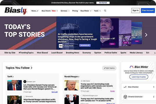 Screenshot of the Biasly news website homepage, showing top stories, trending topics, and a bias meter to rate news sources for political bias.