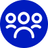 A blue circle with three stylized white figures, two in the background and one in the front, representing a group of people.