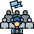 An individual stands in front of a group of people with a speech bubble above them, suggesting a presentation or public speaking scenario about media bias or news evaluation.