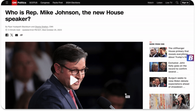 Screenshot of a CNN Politics article titled "Who is Rep. Mike Johnson, the new House speaker?". The image shows a man in a suit and tie speaking into a microphone.