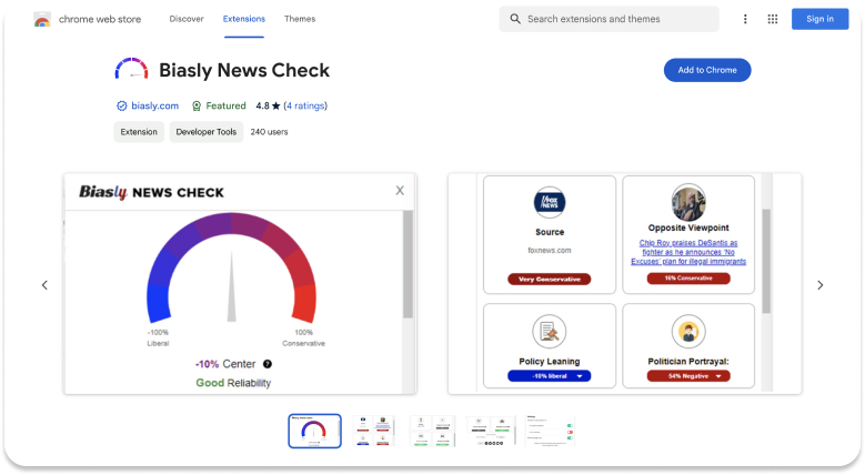 Screenshot of the Biasly News Check Chrome extension page on the Chrome Web Store. The extension rates news sources on a political bias scale from very conservative to very liberal and indicates reliability.