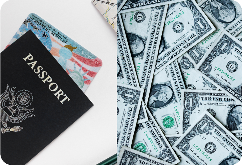 A U.S. passport and permanent resident card next to a pile of U.S. one dollar bills.