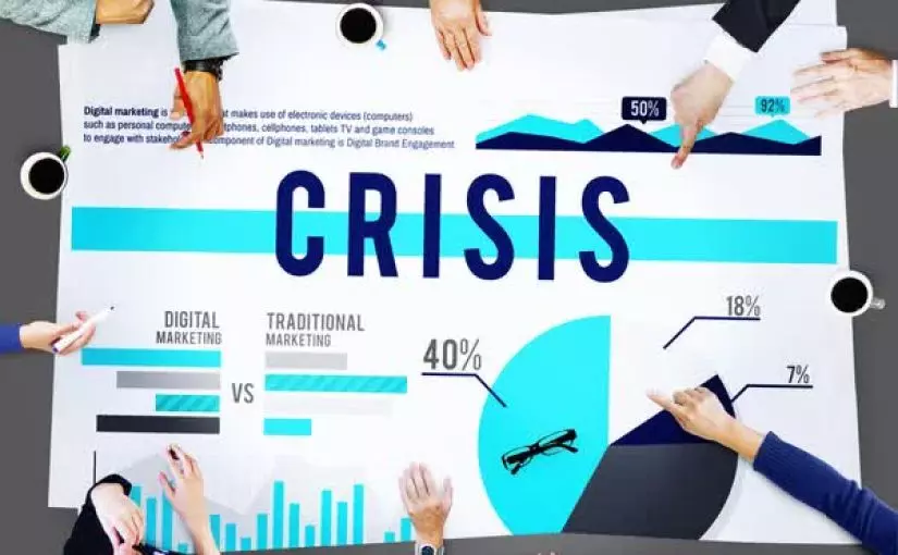 Multiple hands point at a chart displaying statistics comparing digital marketing (40%) to traditional marketing (18%) with a bold title "CRISIS" at the center.